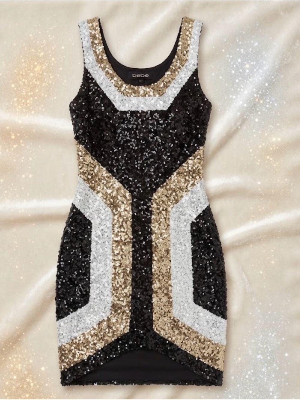 bebe Black Sequin Sheath Dress with Gold & Silver Accents